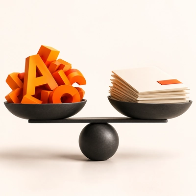 Orange letterforms and proposal papers balanced on a charcoal scale.