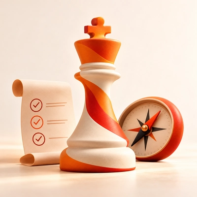 An orange chess piece beside a compass and evaluation checklist.
