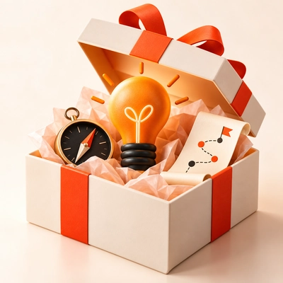 An open project box containing a lightbulb, compass and planning cards.