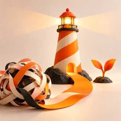 A lighthouse guiding an orange path away from a tangled ribbon.