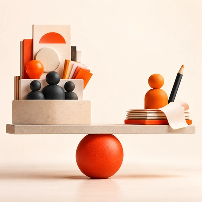 A balance comparing a team of figures with an individual creative specialist.