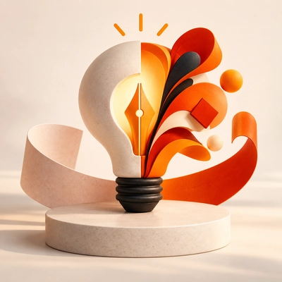 A lightbulb combining a pen nib with flowing orange creative shapes.