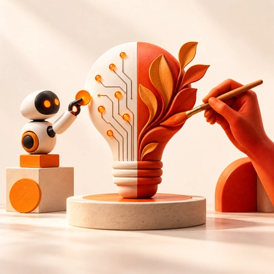A robot and a human hand developing opposite sides of a sculptural idea.