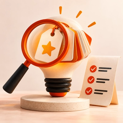 A magnifying glass examining a name tag above a lightbulb and checklist.