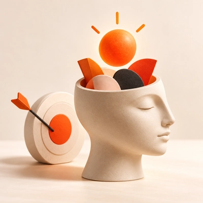 A sculptural head holding ideas beside a target and arrow.