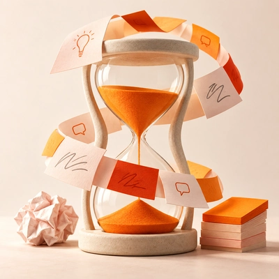 An hourglass surrounded by idea notes and project materials.