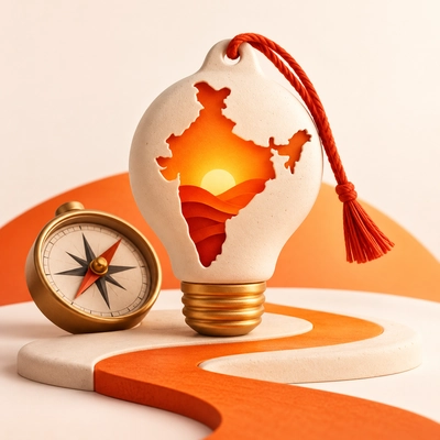 An India-shaped cutout in a tag beside a compass and orange path.