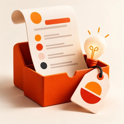 A project brief emerging from an orange box beside an idea lightbulb.