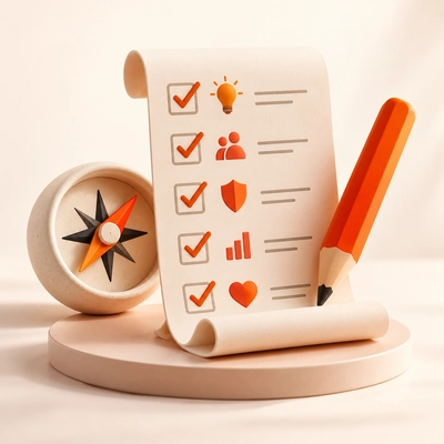 A naming evaluation checklist with a compass and pencil.