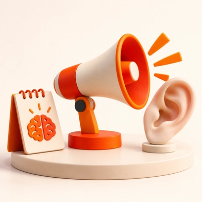 A megaphone, listening ear and memory illustration on a cream platform.