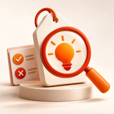 A magnifying glass examining an idea tag beside feedback indicators.
