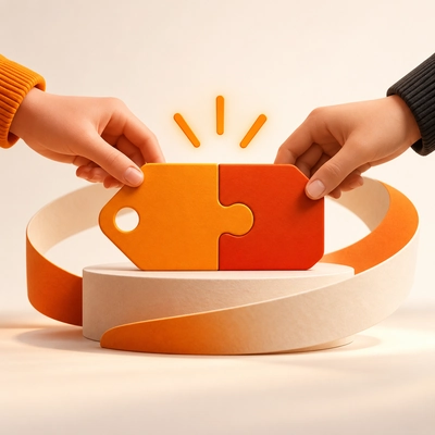 Two hands joining orange puzzle pieces above a circular ribbon.