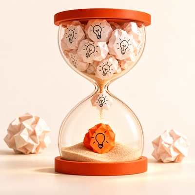 An hourglass filtering many idea sketches into one orange lightbulb.
