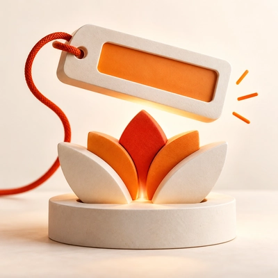 A blank nameplate suspended above an unfolding orange identity symbol.