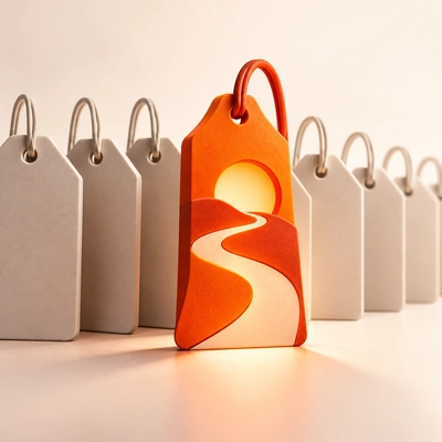 One distinctive orange tag standing among plain grey tags.