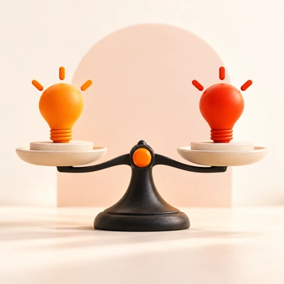 Two lightbulbs balanced on a scale to represent a naming comparison.