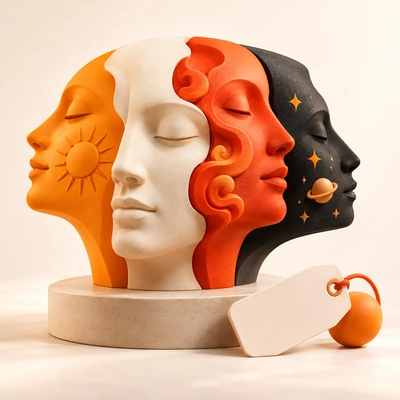 Four sculptural profiles with different visual personalities above a blank tag.