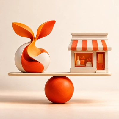 A balance comparing an abstract sprout sculpture with a descriptive storefront.