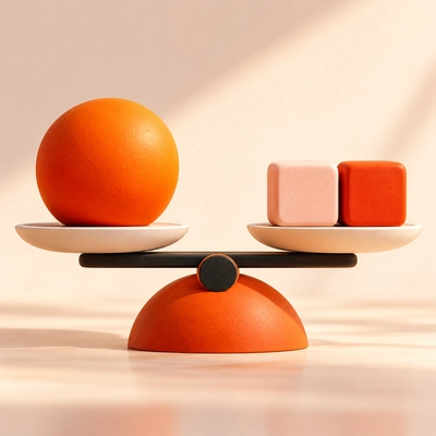 A scale comparing one rounded object with two smaller blocks.