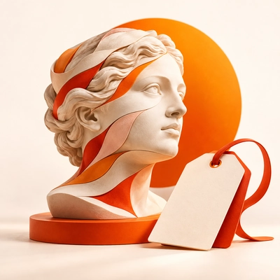 A classical sculptural head beside an unmarked name tag.