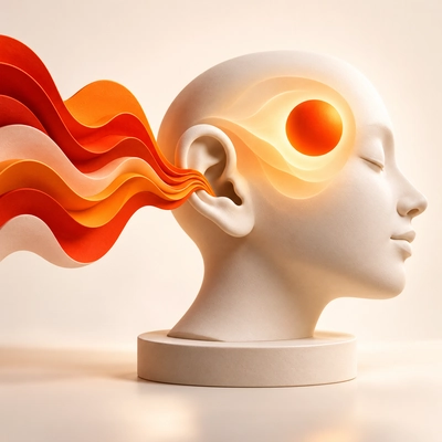 Flowing orange sound waves entering a sculptural head.