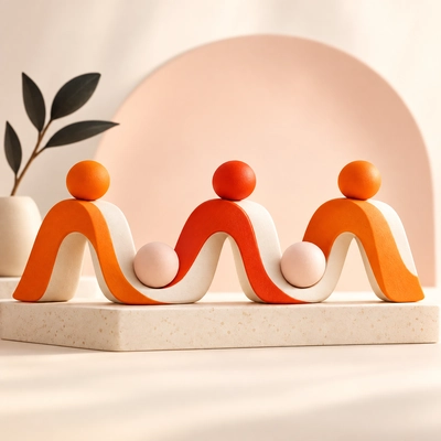 An alternating sequence of orange arches and cream curves representing sound rhythm.