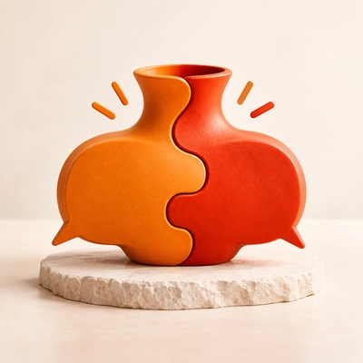 Two interlocking speech-bubble forms joining into a single vessel.