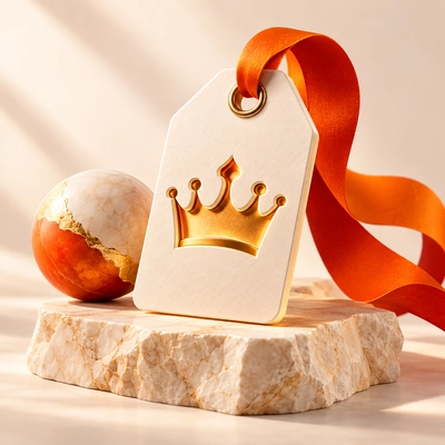 A crown-marked tag with orange ribbon on a stone plinth.