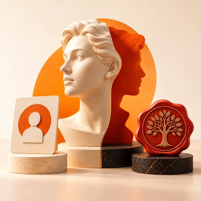 A founder portrait sculpture beside a family-tree seal and identity card.