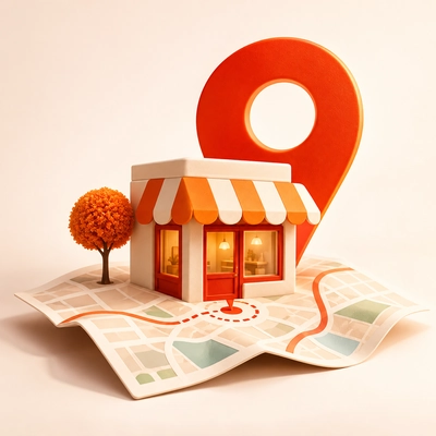 A storefront on a map beneath an orange location pin.