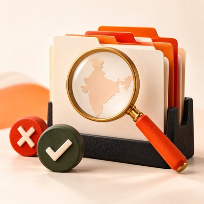 A magnifying glass inspecting folders beside separate approval and rejection symbols.