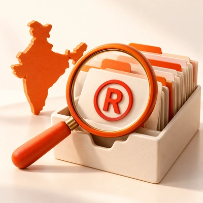 A magnifying glass over a trademark symbol with folders and an India silhouette.