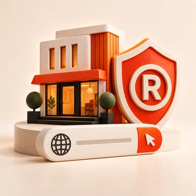 A company building, trademark shield and internet-address symbol grouped together.