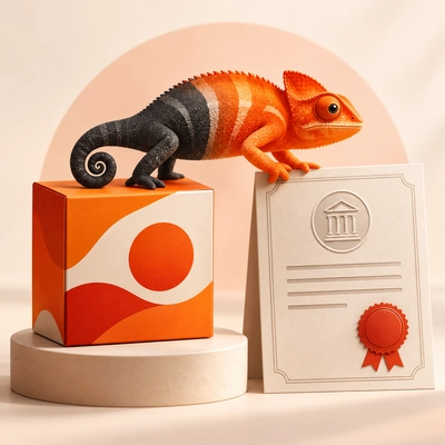 A two-colour chameleon between a brand block and a corporate document.