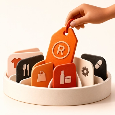 A hand selecting a trademark tag from several industry-category cards.