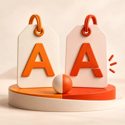 Two similar letter tags on opposite sides of a comparison scale.