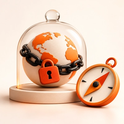 A chained globe under glass beside a compass for exploring domain alternatives.