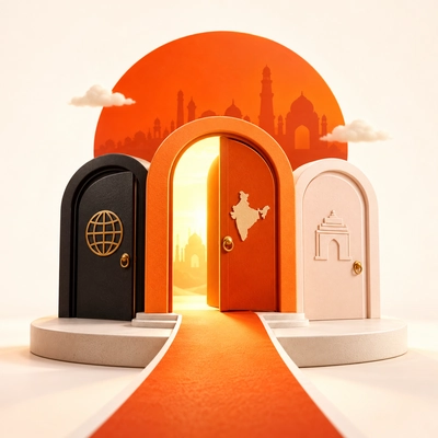 Three contrasting doorways representing alternative domain directions.