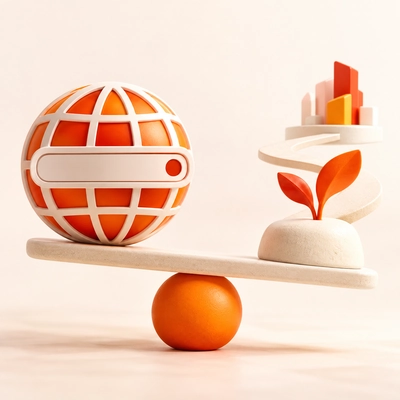 A globe and growing plant balanced against each other.