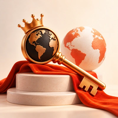 A crowned key and globe on a ribbon-covered pedestal.