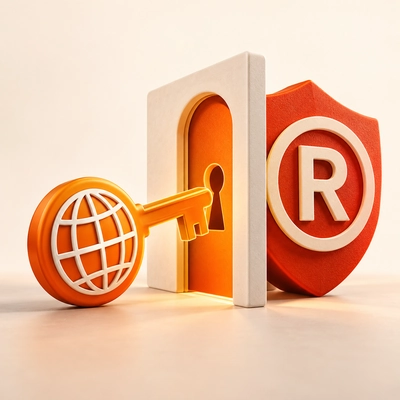 A globe-shaped key beside a doorway and a separate trademark shield.