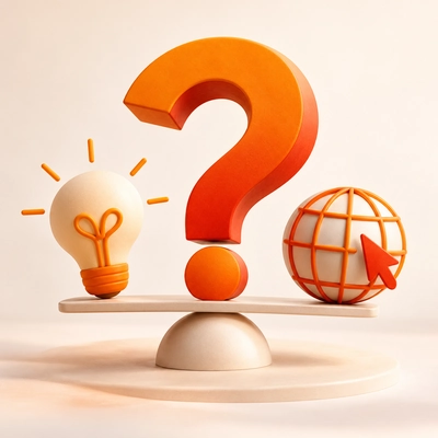 A question mark balancing an idea lightbulb against a globe.