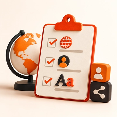 A digital-launch checklist beside a globe and identity icons.