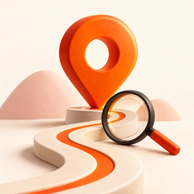 An orange location pin and magnifying glass along a winding path.