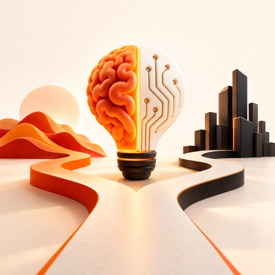 A circuit-pattern lightbulb above two diverging domain-strategy paths.