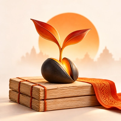 An orange sprout emerging from a seed above a stack of old books.