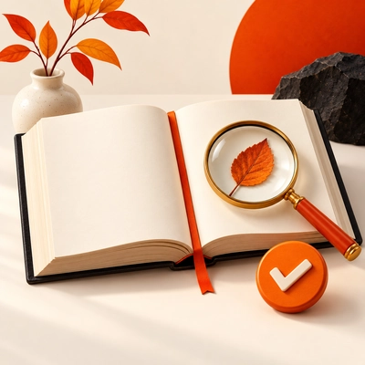 A magnifying glass over a blank dictionary and an orange leaf specimen.