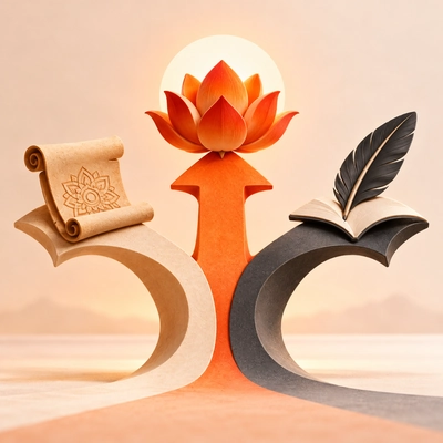 Three paths leading toward a scroll, lotus and open book.