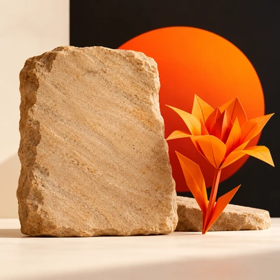 An uninscribed stone slab beside a contemporary orange origami flower.