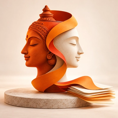 Two sculptural profiles joined by an orange ribbon above open pages.